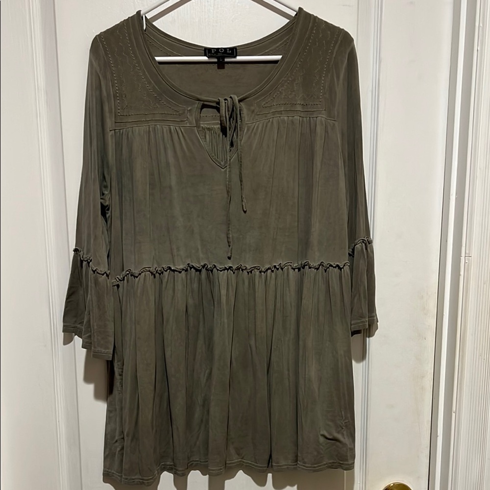 POL Green Bell Sleeve Tunic with Tie Front